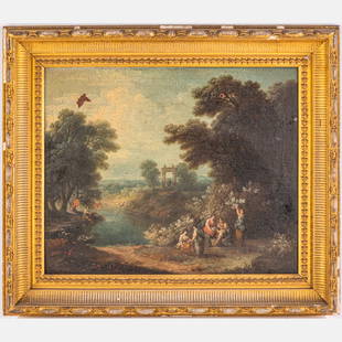 Continental School (18th Century): Continental School (18th Century) Spring Landscape with Figures, Oil on canvas, Unsigned. Framed dimensions: H: 24 1/4 x W: 28 in. H: 18 W: 22 in.