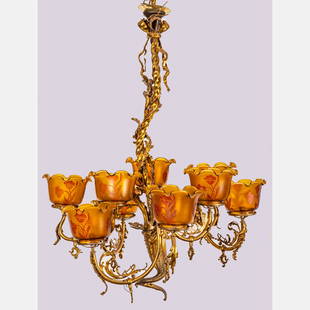 American Rococo Revival Brass and Spelter Nine Arm Gasolier: An American Rococo Revival Gilt Brass and Spelter Nine Arm Gasolier, 19th Century, Having twisting vine, ribbon and leaf motif mounted with a cherub. With etched and molded amber colored glass