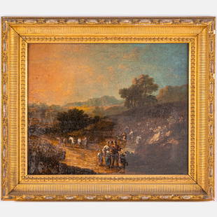 Continental School (18th Century): Continental School (18th Century) Landscape with Figures, Oil on canvas, Unsigned. Framed dimensions: H: 24 1/4 x W: 28 in. H: 18 W: 22 in.