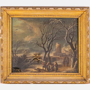 Continental School (18th Century): Continental School (18th Century) Winter Landscape, Oil on canvas, Unsigned. Framed dimensions: H: 24 1/4 x W: 28 in. H: 18 W: 22 in.