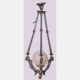 Attributed to Mitchell Vance and Co. Spelter and Brass Gasolier Hall Pendant Light: Attributed to Mitchell Vance and Co. Spelter and Brass Gasolier Hall Pendant Light, With etched and frosted glass shade. H: 40 W: 17 in. From the Estate of John A. Davidson, Jr. Proceeds to