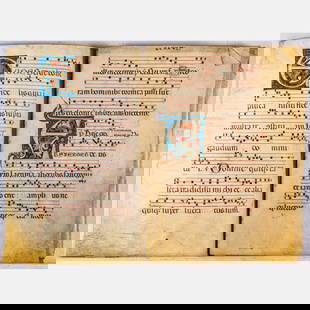 Illuminated Musical Choir Book on Vellum: An Italian Fifteen Page Illuminated Musical Choir Book on Vellum, 16th Century, The books consists of 7 leaves and 1 loose page for a total of 15 pages. All pages have minor letter illumination.