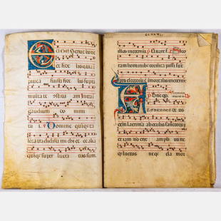 Illuminated Musical Choir Book on Vellum: An Italian Fifteen Page Illuminated Musical Choir Book on Vellum, 16th Century, The books consists of 7 leaves and 1 loose page for a total of 15 pages. All pages have minor letter illumination.