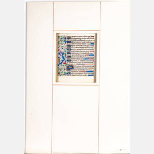 French Illuminated Manuscript Leaf: A French Illuminated Manuscript Leaf, ca. 1480 A.D., From a Book of Hours, on vellum with illuminations on both sides. H: 8 W: 5 7/8 in. From Otto F. Ege. From the Estate of John A. Davidson,