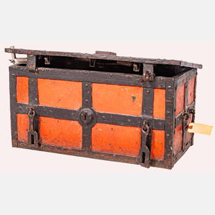 A German Painted Iron Strong Box: A German Painted Iron Strong Box, 18th Century, With elaborate five lock mechanism, four are functioning, one is detached. With two large iron handles on sides, front with iron work design and two