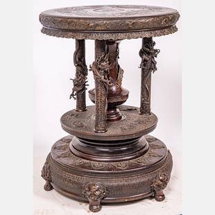 Japanese Column and Vase Form Table: A Japanese Bronze Column and Vase Form Pedestal Table, Meiji Period, Having dragon, lion and mythical creature motifs throughout. H: 29 5/8 D: 23 1/2 in. From the Estate of John A. Davidson, Jr. Proce