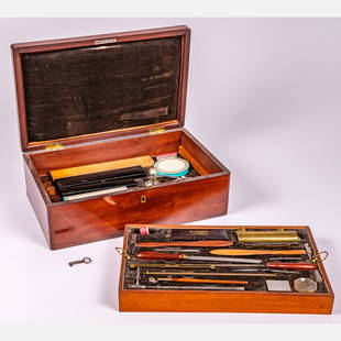 Boxed Set of Scientific Instruments and Tools by J.F. Luhme: A Boxed Set of Scientific Instruments and Tools by J.F. Luhme, Berlin, 19th Century, Having two layers in a fitted mahogany box. With key. H: 5 1/2 W: 16 D: 10 1/8 in. From the Estate of John A. David