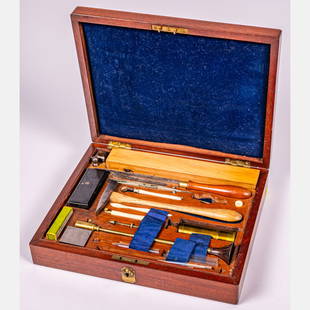 Boxed Set of Scientific Instruments and Tools: A Boxed Set of Scientific Instruments and Tools, 19th Century, In a fitted mahogany box. Having a silver engraved plaque: Gent Cadet William Innes Prize for Chemistry Royal Military Academy June 1858.