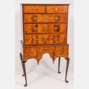 Queen Anne Cross-Banded Walnut Highboy, Massachusetts, 1740-1760: A Queen Anne Cross-Banded Walnut Highboy, Massachusetts, ca. 1740-1760, The rectangular top above two short and three long drawers, the lower section with a similar drawer flanked by deep drawers over