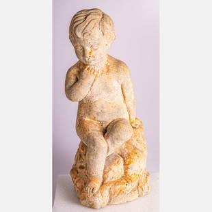 A Cast Cement Garden Ornament Cherub: A Cast Cement Garden Ornament Cherub, 20th Century. H: 21 1/2 W: 9 D: 9 in.