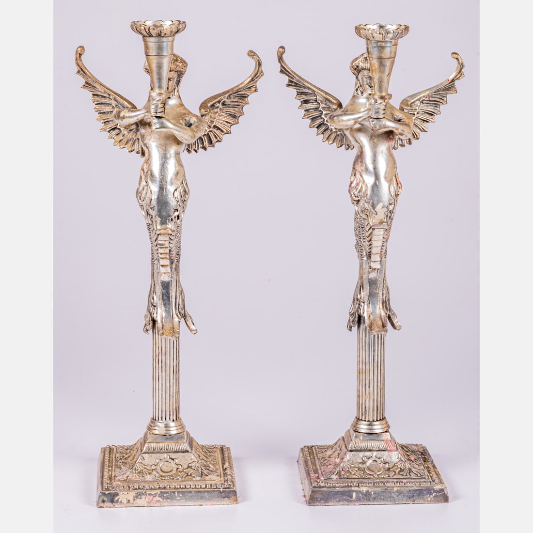 A Pair of Silvered Brass Winged Mermaid Candlesticks (1 of 6)