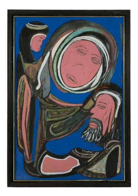 Reverend Albert Wagner (1924 - 2006) Abraham, Sarah: Reverend Albert Wagner (1924 - 2006) Abraham, Sarah, and Isaac, Mixed media including acrylic paint, ink, oil stick, and graphite on particle board, Signed in image. Height: 30.5 Width: 26 Shipping No