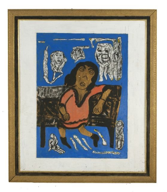 Reverend Albert Wagner (1924 - 2006) Day Dreamer,: Reverend Albert Wagner (1924 - 2006) Day Dreamer, Mixed media including acrylic paint, ink, oil stick, and graphite on particle board laid down on chipboard, Signed lower right. Height: 38.5 Width: 32