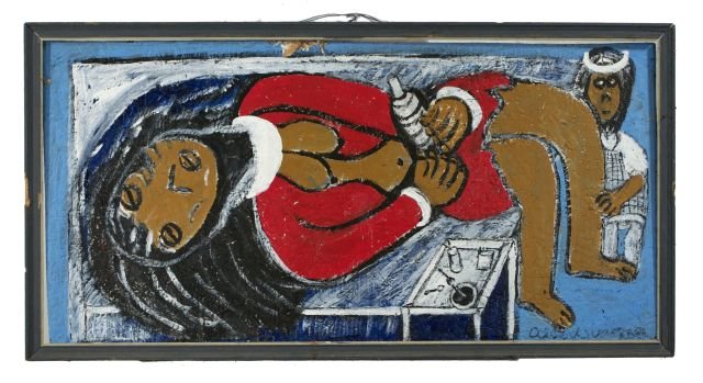 Reverend Albert Wagner (1924 - 2006) Smokie,: Reverend Albert Wagner (1924 - 2006) Smokie, Mixed media including acrylic paint, ink, oil stick, and graphite on chipboard, Unsigned. Height: 37 Width: 19 Shipping Notes: ** Please inquire about ship