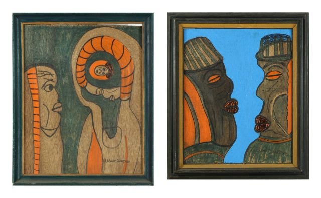 Reverend Albert Wagner (1924 - 2006) Two Artworks,: Reverend Albert Wagner (1924 - 2006) Two Artworks, Various media including acrylic paint, ink, oil stick, and graphite on plywood, Comprising of: "A Nation is Falling," signed lower right. "To Be Led 