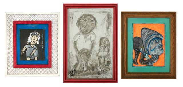 Reverend Albert Wagner (1924 - 2006) A Group of Th: Reverend Albert Wagner (1924 - 2006) A Group of Three Artworks, Various media including acrylic paint, ink, oil stick, and graphite on cardboard, Comprising of: Untitled, signed in image. "In the Dog