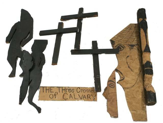Reverend Albert Wagner (1924 - 2006) A Miscellaneo: Reverend Albert Wagner (1924 - 2006) A Miscellaneous Collection of Wall Sculptures, Mixed media, Comprising of chipboard, carved lumber, plywood, and latex paint. Includes "The Three Crosses of Calvar