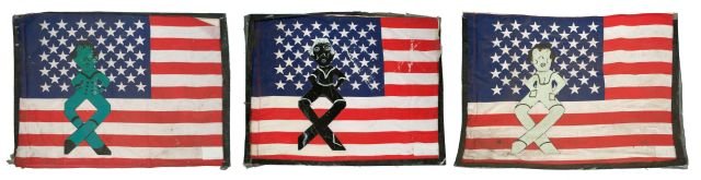 Reverend Albert Wagner (1924 - 2006) A Group of T: Reverend Albert Wagner (1924 - 2006) A Group of Three Assemblages, Mixed media on cardboard, Comprising of American flags, duct tape, and cardboard cut-out figures with black ink. Each signed lower ri