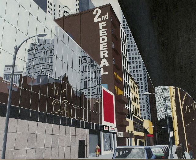 Roy Ahlgren (1927-2011) Oliver Avenue, Acrylic on ca: Roy Ahlgren (1927-2011) Oliver Avenue, Acrylic on canvas, Titled, signed, and dated 1990 on stretcher. Height: 36 Width: 46