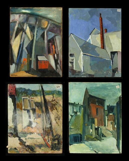 Nathan "Nate" Dunn (1896-1983) A Collection of Four: Nathan ""Nate"" Dunn (1896-1983) A Collection of Four Abstract Landscapes, Oil on board, Comprising of: ""Construction,"" signed lower right. Untitled, signed lower left. Untitled, signed lower right.