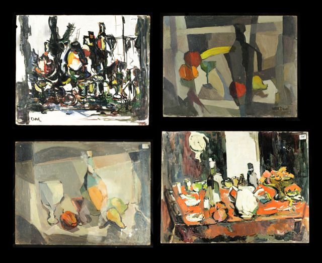 Nathan "Nate" Dunn (1896-1983) A Collection of Four: Nathan ""Nate"" Dunn (1896-1983) A Collection of Four Abstract Still Lifes, Various media, Comprising of: ""Still Life,"" oil on board, signed lower left. ""Still Life,"" oil on cardboard, signed lowe