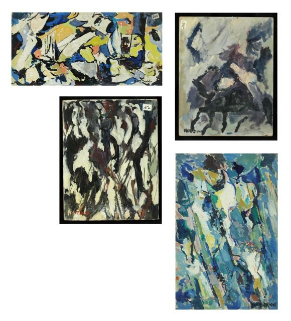 Nathan "Nate" Dunn (1896-1983) A Collection of Fou: Nathan ""Nate"" Dunn (1896-1983) A Collection of Four Abstract Works, Oil on board, Comprising of: ""Flowers,"" signed lower left. ""Riderless Horse,"" signed lower left. ""Blue Abstract,"" signed low