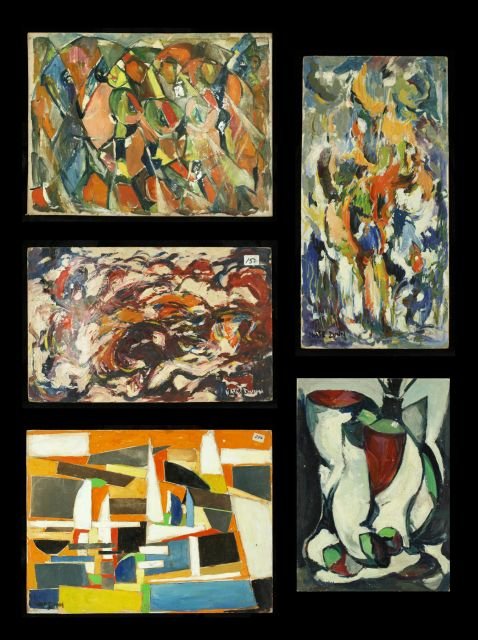 Nathan "Nate" Dunn (1896-1983) A Collection of Five: Nathan ""Nate"" Dunn (1896-1983) A Collection of Five Abstract Works, Various media, Comprising of: ""Motion,"" oil on board, signed lower right. ""Abstract Flowers,"" oil on board, signed lower left.