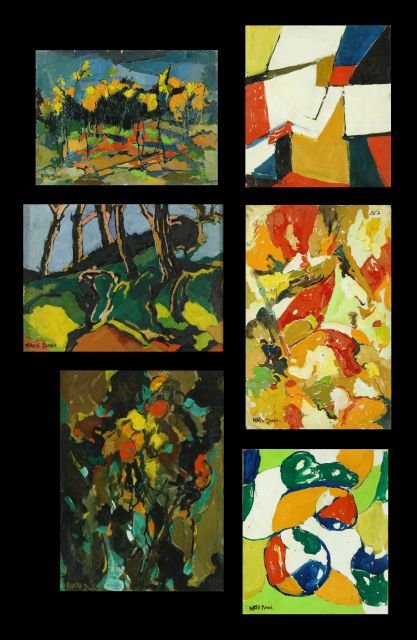 Nathan "Nate" Dunn (1896-1983) A Collection of Six : Nathan ""Nate"" Dunn (1896-1983) A Collection of Six Abstract Works, Various media, Comprising of: ""Untitled (Pair), 1959,"" oil on board laid down on cardboard, signed lower left. ""Untitled Abstrac