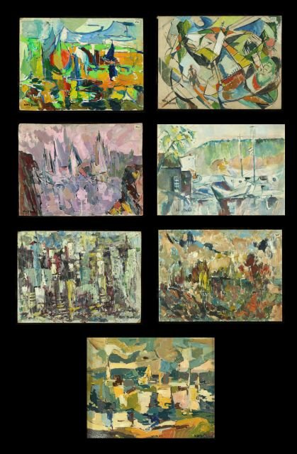 Nathan "Nate" Dunn (1896-1983) A Collection of Seve: Nathan ""Nate"" Dunn (1896-1983) A Collection of Seven Abstract Landscapes, Various media, Comprising of: ""Abstract #2,"" oil on canvas panel, signed lower left. ""Boat Reflections, 1974,"" oil on bo