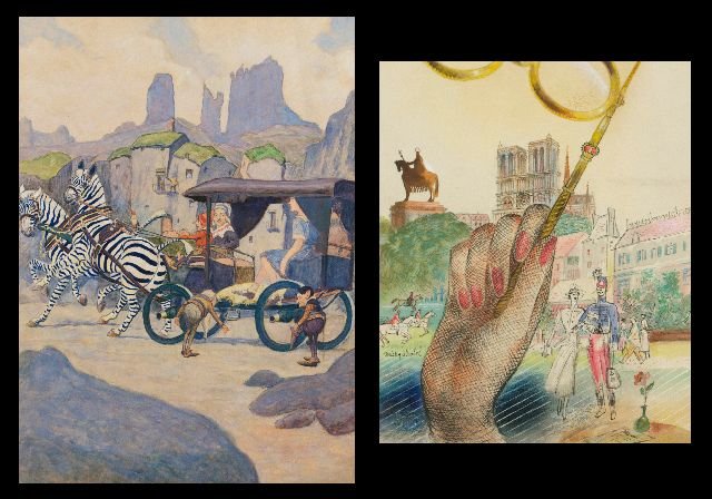 Micky Strobel (20th Century) Parisian Scene, Water: Micky Strobel (20th Century) Parisian Scene, Watercolor, ink, and pastels on paper, Together with another, unsigned illustration by an unknown artist. Height: 12 Width: 10