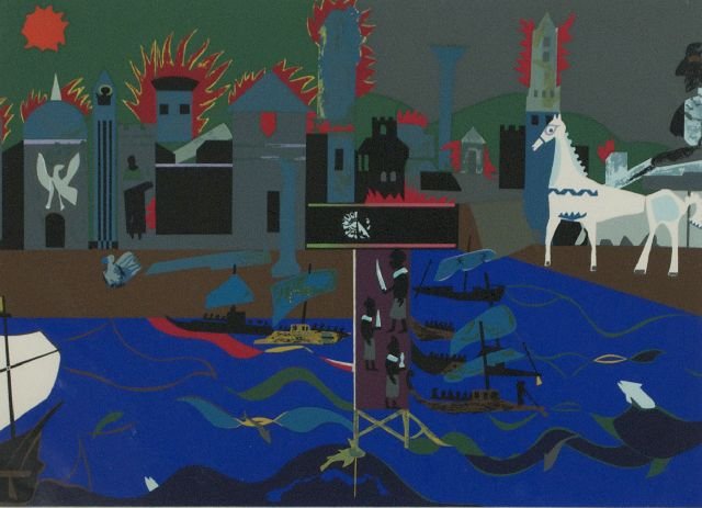 Romare Bearden (1911-1988) The Fall of Troy, Silks: Romare Bearden (1911-1988) The Fall of Troy, Silkscreen, One of six prints from the Odysseus Suite. Signed lower right. Numbered 32/125 lower left. Height: 18 Width: 23.75
