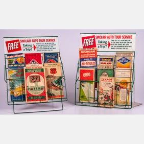 Two Gas Station Tin Lithograph And Metal Map Stands
