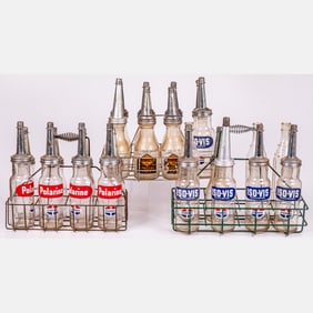 Assorted Glass And Metal Oil Bottles
