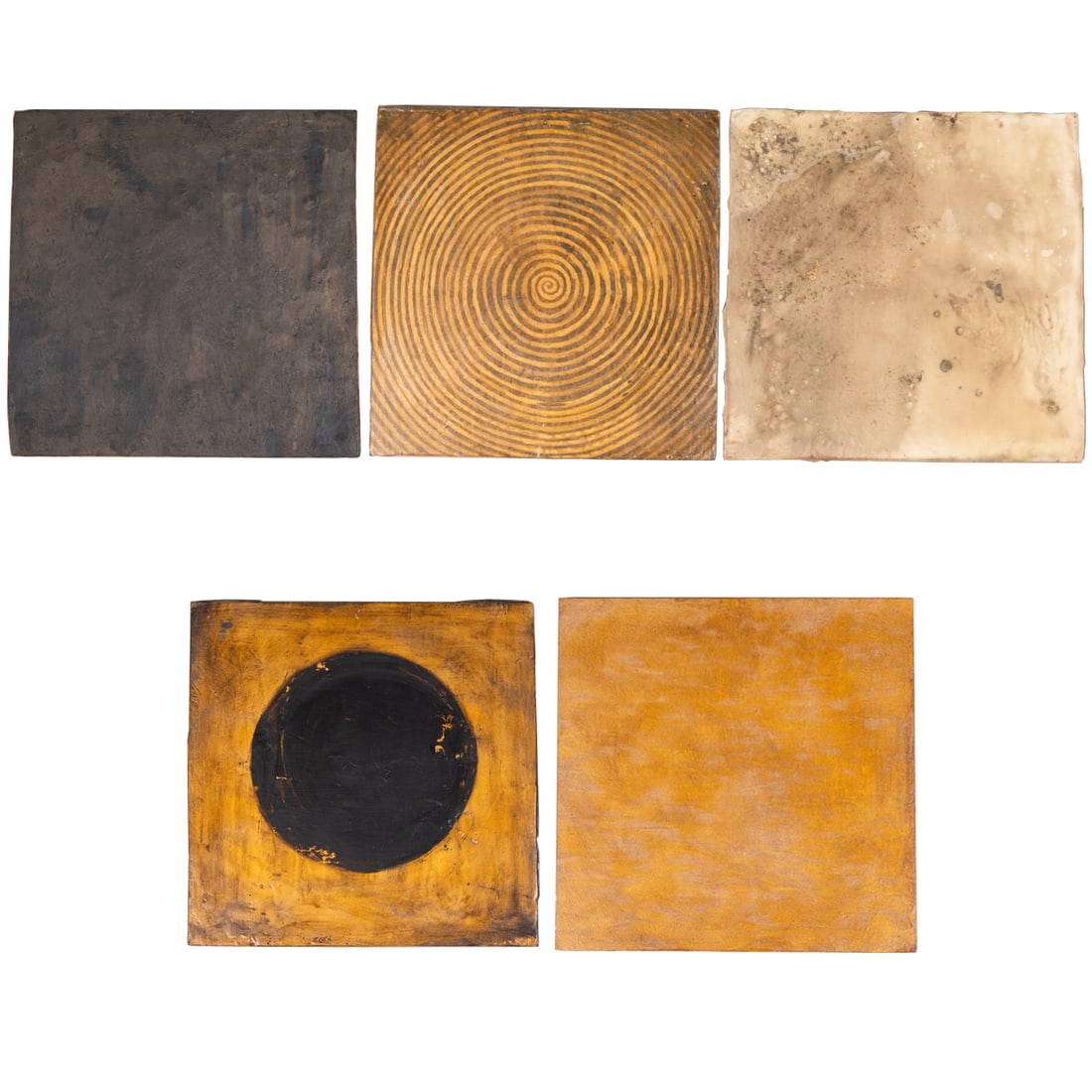 Carl Affarian (American, 20th/21st Century): Carl Affarian (American, 20th/21st Century) Untitled, 1986/1987, Mixed media, tempera, bees wax, lead, oil paint, gouache, varnish, Signed and dated on verso. Five pieces, each: H: 11 x W: 11 in. Prop