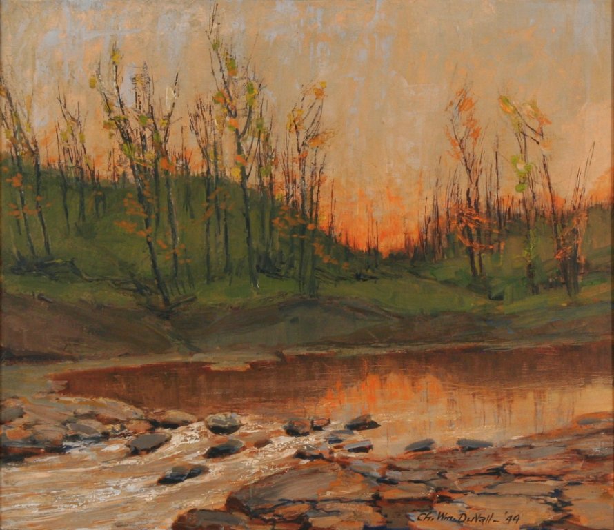 Charles William Duvall (1865-1966) Sunset with Stre: Charles William Duvall (1865-1966) Sunset with Stream, Oil on canvas, Signed and dated '44 lower right. Dimensions: h: 23.75 x w: 27.5 in.