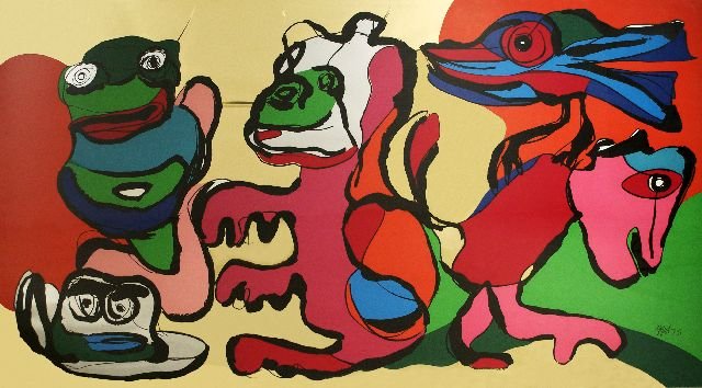 Karel Appel (Dutch, 1921-2006) Laughing Frog and Hi: Karel Appel (Dutch, 1921-2006) Laughing Frog and His Friends in the Golden Age, 1975, Silkscreen with gold and silver collage on Rives BFK paper, Signed in pencil and dated. Numbered 29 / 120. With bl
