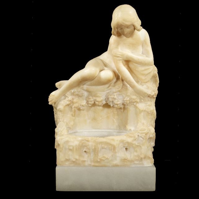 Egidio Pozzi (19th/20th Century) Female Nude Gazi: Egidio Pozzi (19th/20th Century) Female Nude Gazing into a Pond, Marble, Signed Pozzi. Dimensions: h: 15 x w: 5.5 x d: 7.25 in.