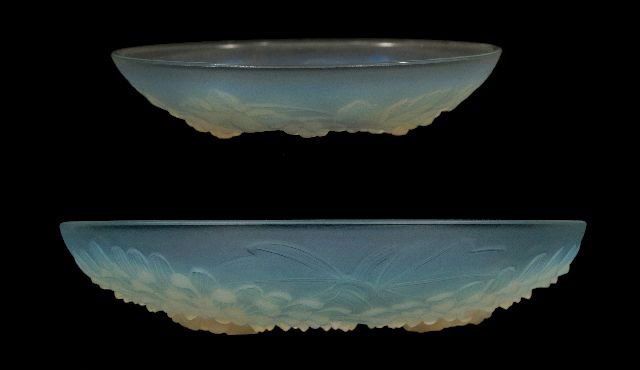 A Pierre D'Avesn Molded Opalescent Glass Center Bo: A Pierre D'Avesn Molded Opalescent Glass Center Bowl, 20th Century, Signed. Together with an unsigned molded opalescent glass dish, 20th century. Dimensions: h: 3 x w: 13.75 x d: 13.75 in.