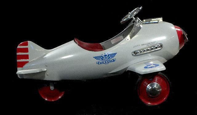 A Reproduction Viktor Schreckengost Autographed Si: A Reproduction Viktor Schreckengost Autographed Silver Pursuit Pedal Plane, Autographed and Dated 2001 on Both Sides, Purchased from the Cleveland Museum of Art ""Viktor Schreckengost 20th Century Des