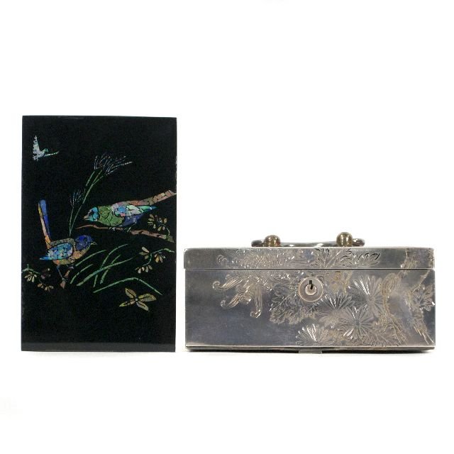 A Sterling Silver Jewelry Box, 20th Century,: A Sterling Silver Jewelry Box, 20th Century, Maker unknown. Engraved with a Chinese cherry blossom motif. Together with an acrylic and opal panel, 20th century. Dimensions: h: 2.5 x w: 6.25 x d: 3.75 