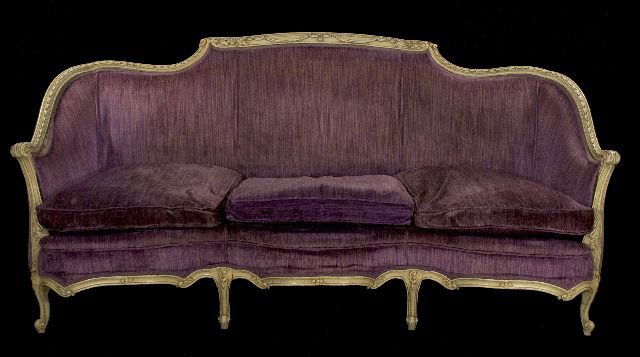 A French Provincial Style Painted Sofa and Chair,: A French Provincial Style Painted Sofa and Chair, 20th Century. Sofa dimensions: h: 36 x w: 78 x d: 36 in. Chair dimensions: h: 36 x w: 29 x d: 27 in.