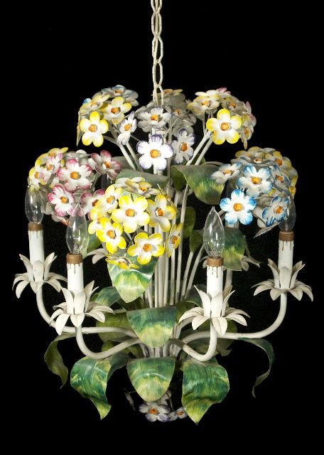 A Vintage Tole Painted Flower Form Chandelier, 20: A Vintage Tole Painted Flower Form Chandelier, 20th Century. Dimensions: h: 22 x w: 19 x d: 19 in.