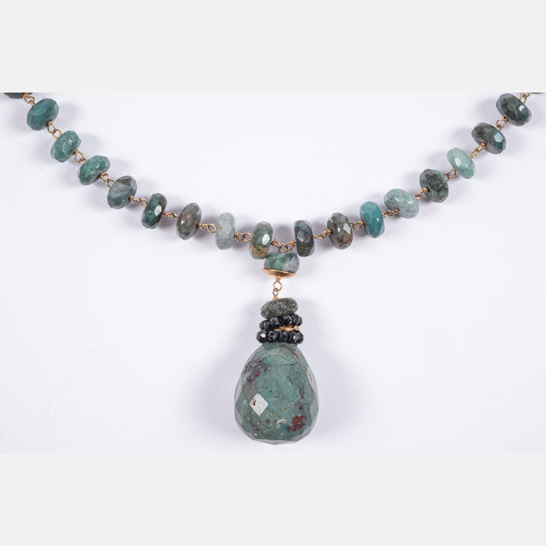 Jasper Agate Beaded Necklace: A Jasper Agate And Gold-Filled Beaded Necklace, Featuring a central faceted briolette drop jasper bead accented on either side by a length of faceted jasper beads on gold-filled wire. At the back of t