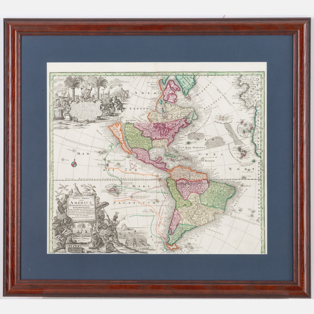 Novus Orbis Sive America, Hand Colored Engraving: Hand Colored Engraved Map, Novus Orbis Sive America, after Matthaus Seutter (German, 1678-1757), 20th Century. On wove paper. Image size: H: 20 x W: 22 3/4 in. H: 29 1/4 W: 32 1/4 in. We are offering
