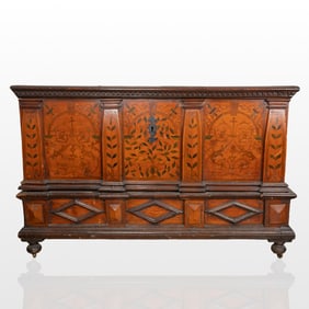 Continental Fruit Wood Marquetry Coffer on Stand