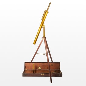 English Laquered Brass Telescope, Collapsing Tripod Stand, and Case with Lenses,