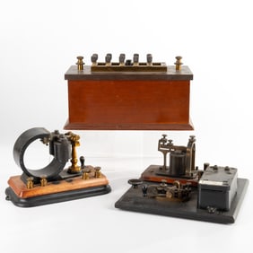 Three Telegraph Components Comprising of a Leeds and Northrup Resistance Box, a Telegraph Key and