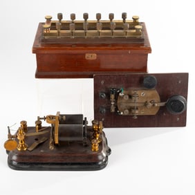 Three Telegraph Components Comprising of a Resistance Box, a Relay, and Telegraph Key