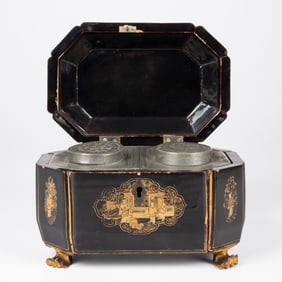 Chinese Export Black and Gilt Laquer Tea Caddy