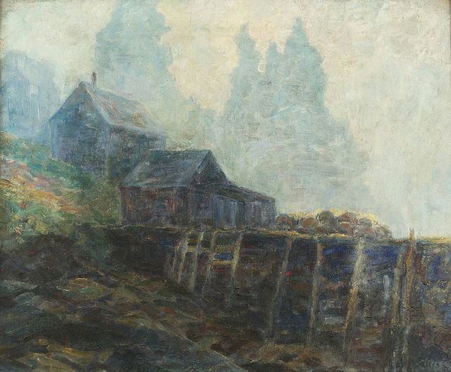 Sydney March Chase (1877-1957) Lobster Shacks, Oil: Sydney March Chase (1877-1957) Lobster Shacks, Oil on canvas laid down on board, Signed lower right. Dimensions: h: 20 x w: 24 in.